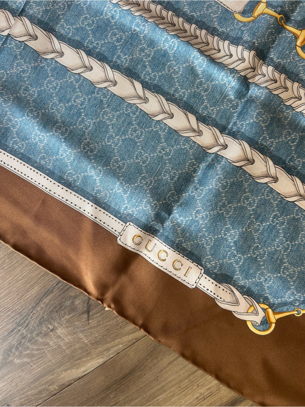 Gucci Horsebit Print Silk Scarf- Sky blue/brown - Picture 4 of 5